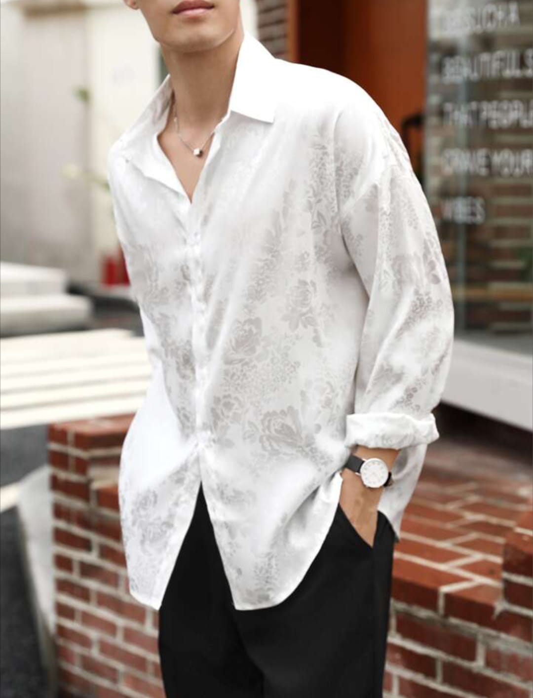 Men's White Floral Jacquard Satin Casual Shirt